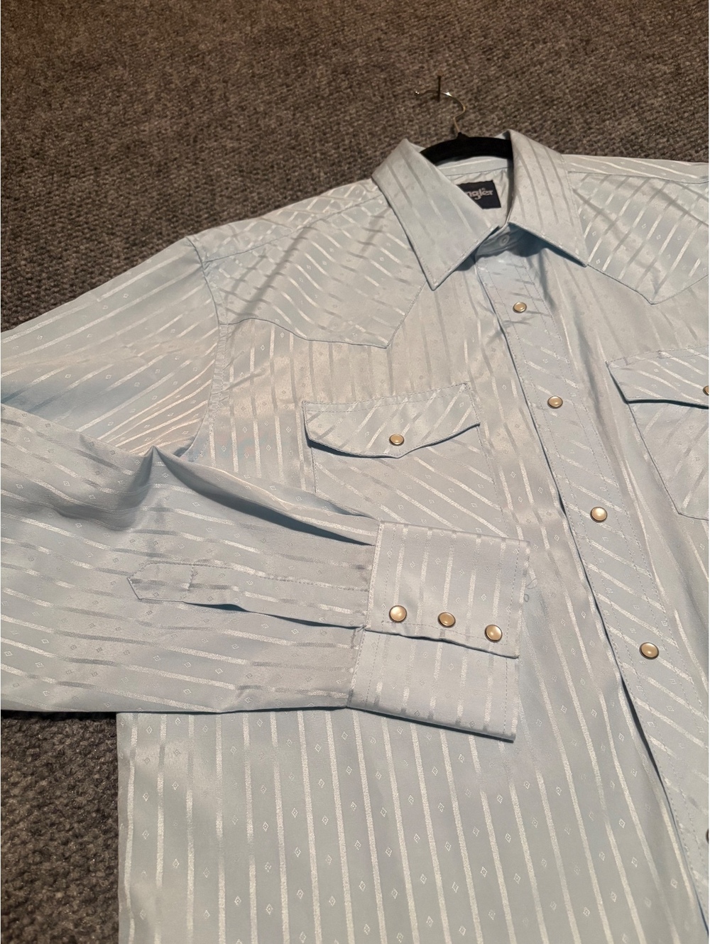 Wrangler Pearl Snap light blue striped Button Up western Shirt Men's Large